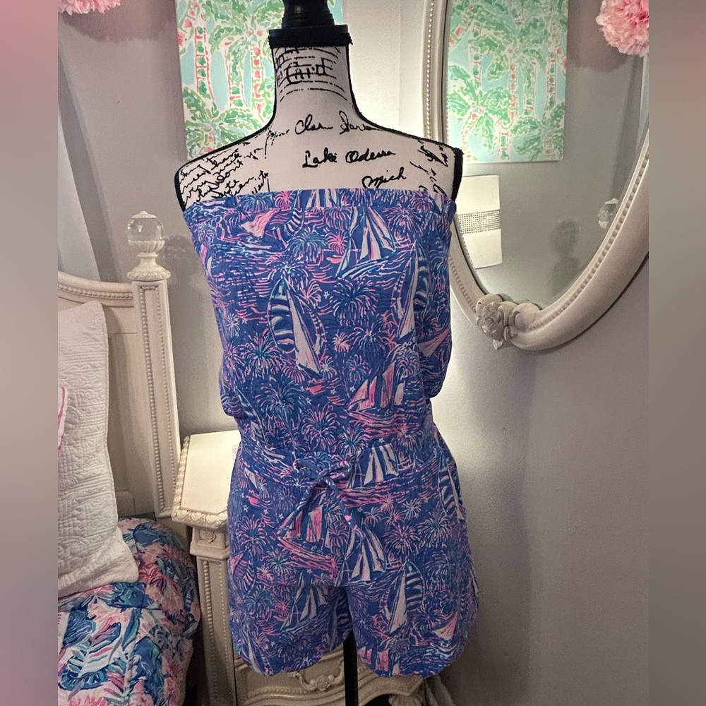 Lilly Pulitzer Blue & Pink Sailboat Strapless Romper